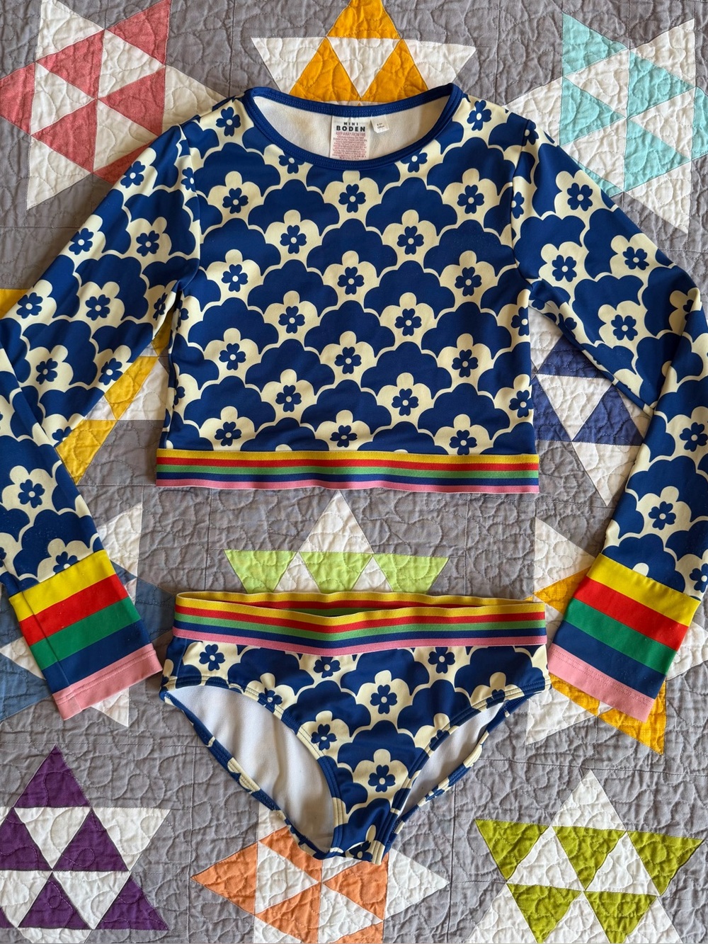 Mini Boden Girls Royal Blue Floral Long-Sleeve Rash Guard Swim Set